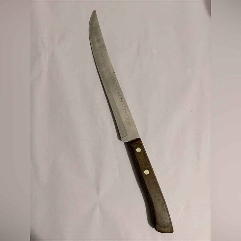 Vintage Flint Arrowhead Vanadium Stainless Wood Handle Brass Rivets Knife 13"